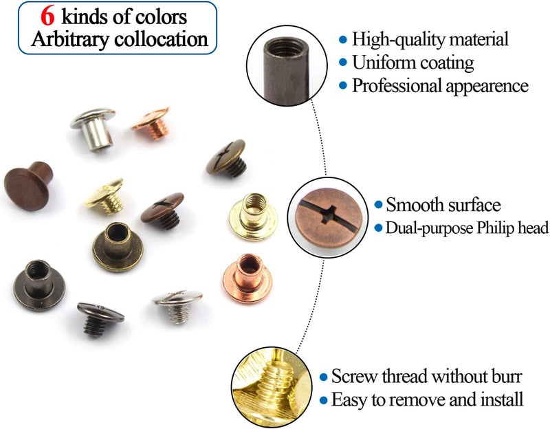ALLOYPRO 120 Sets Chicago Screws Assorted Kit 6 Color Leather Rivets Screw Rivets Flat Fillister Book Binding Posts Nail Rivet Chicago Bolts for DIY Leather Craft Black Silver Bronze (Colours 5×6mm) - Image 3